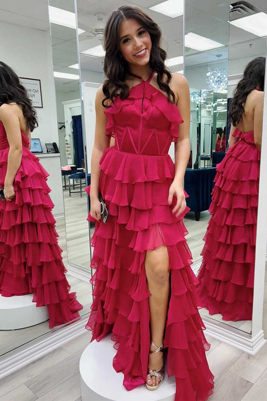 Fancy Halter Keyhole Ruffle Tiered Prom Dress with Slit Evening Gowns C2699
