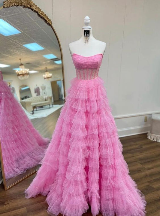 Fancy Pink Tulle Strapless Tiers Sequins Prom Dress Evening Gowns C2717