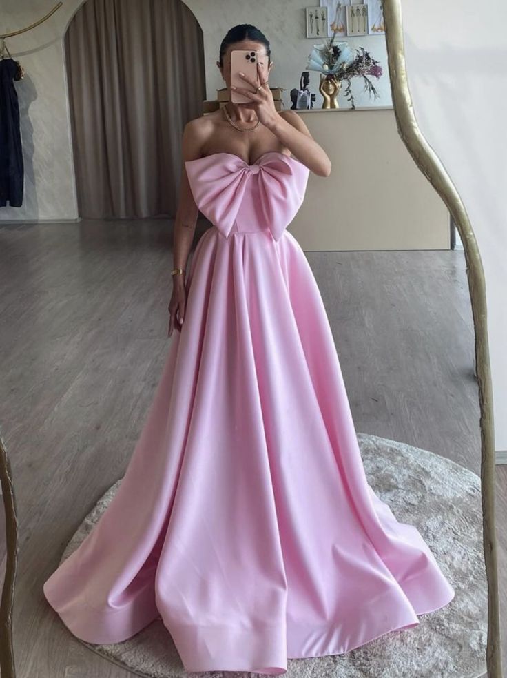 Fancy A-Line Pink Satin Long Prom Dress, Pink Long Formal Dress Evening Gowns C2718