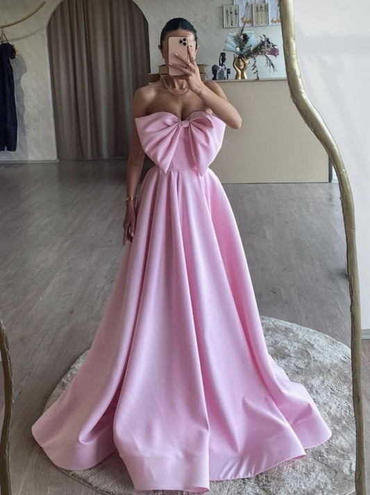 Fancy A-Line Pink Satin Long Prom Dress, Pink Long Formal Dress Evening Gowns C2718