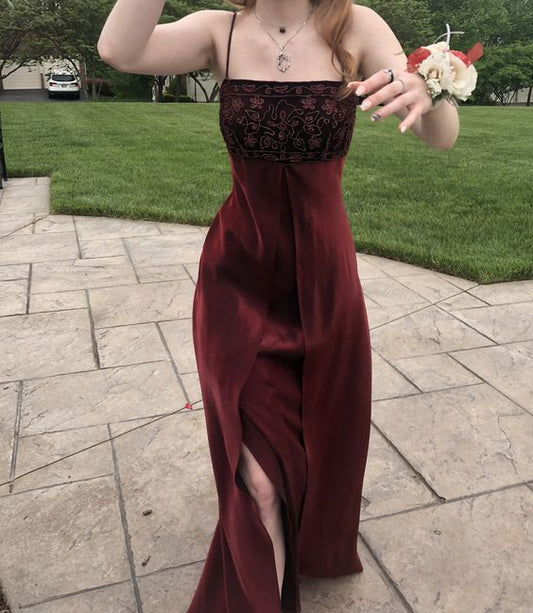 Elegant A line Spaghetti Straps Burgundy Long Slit Prom Dresses Evening Gowns C3023