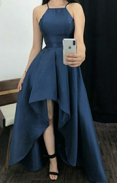 Vintage High Low Halter Navy Blue Satin Prom Dresses Evening Gowns C3064