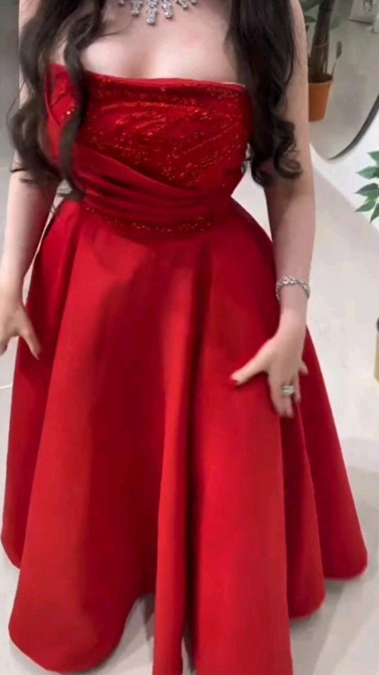 Vintage Ball Gown Strapless Satin Prom Dresses Evening Gowns With Beads C3065