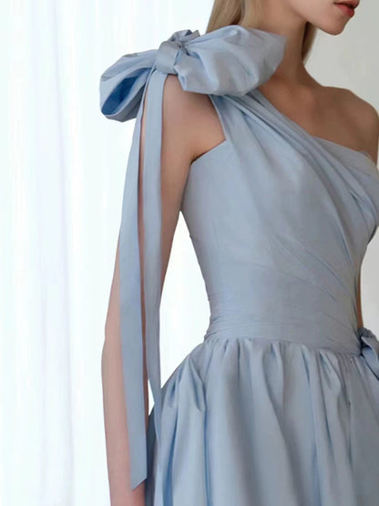 Elegant Ball Gown One Shoulder Light Sky Blue Satin Flowers Long Prom Dress Evening Dress C3232