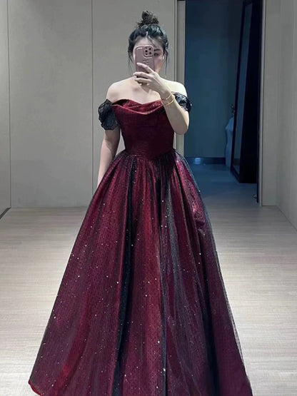 Sexy Ball Gown Off The Shoulder Red Tulle Long Prom Dresses Evening Dress C3267