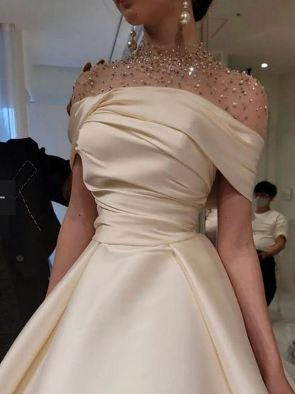 Elegant A-Line Evening Gown Elegant Dress Formal Floor Length Short Sleeve Illusion Neck Satin with Ruched Beading Prom Dress C3284