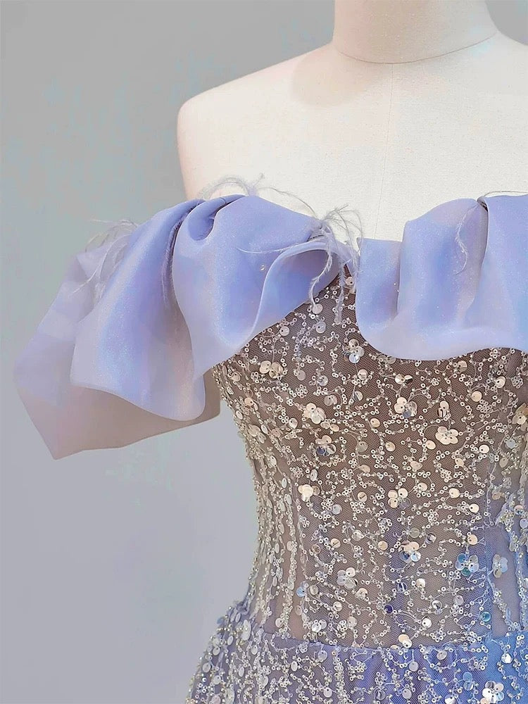 Elegant Ball Gown Off The Shoulder Lilac Short Sleeves Sequin Evening Dress Long Prom Dresses C3583