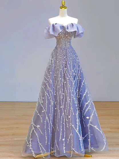 Elegant Ball Gown Off The Shoulder Lilac Short Sleeves Sequin Evening Dress Long Prom Dresses C3583
