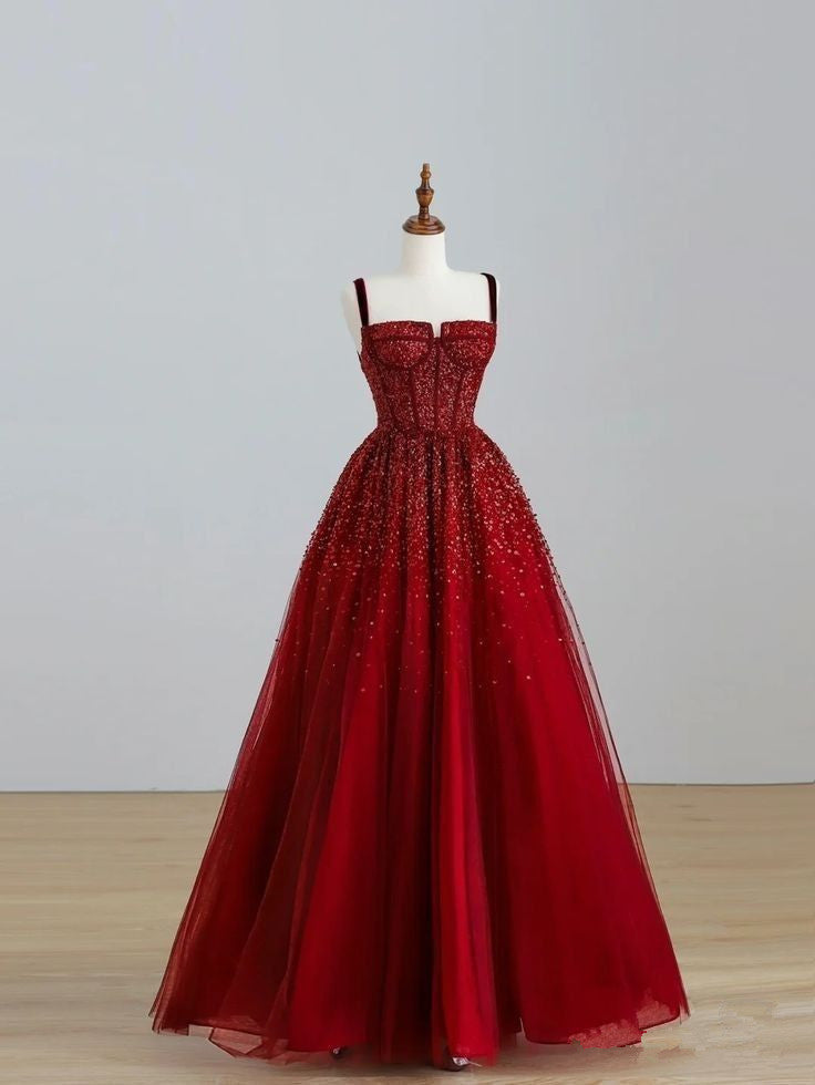 Vintage Ball Gown Straps Red Tulle Beading Long Evening Dress Prom Dresses C3684