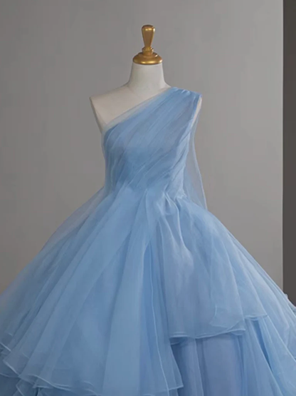 Pretty Ball Gown One Shoulder Tulle Blue Long Prom Dress, Blue Long Evening Dress C3697
