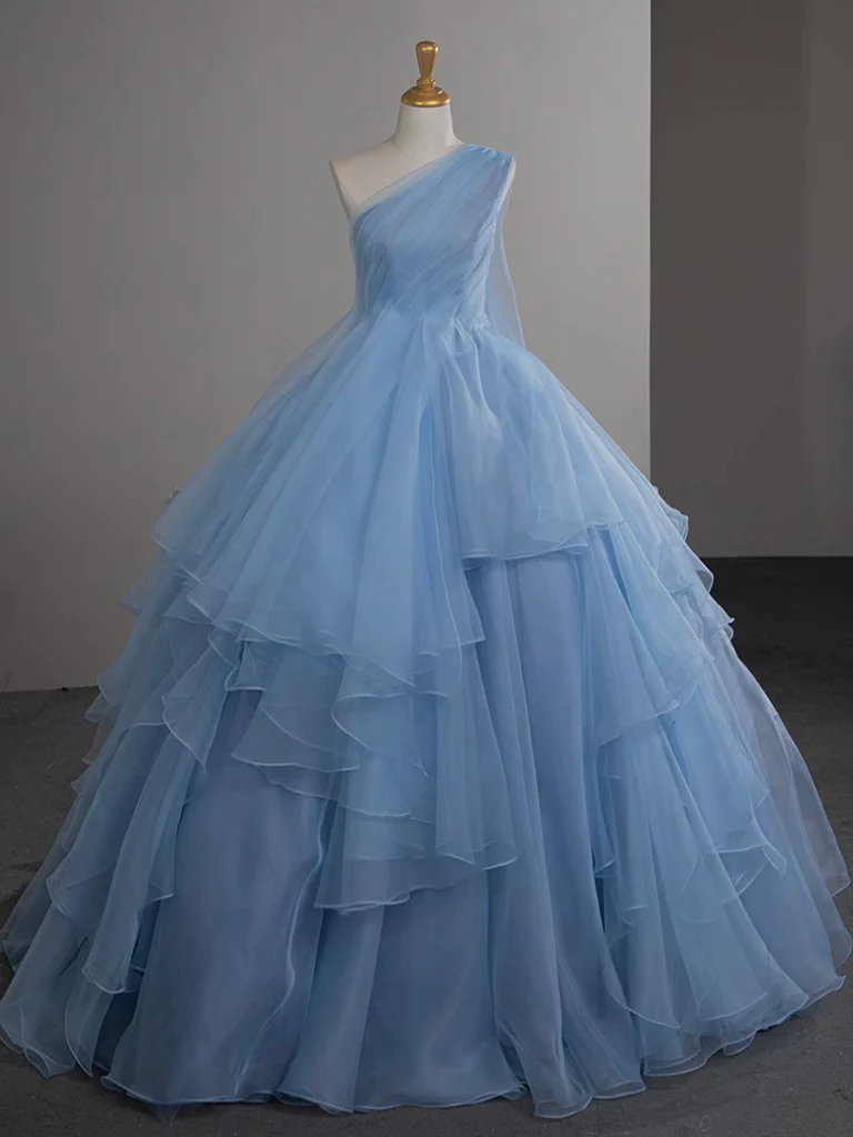 Pretty Ball Gown One Shoulder Tulle Blue Long Prom Dress, Blue Long Evening Dress C3697