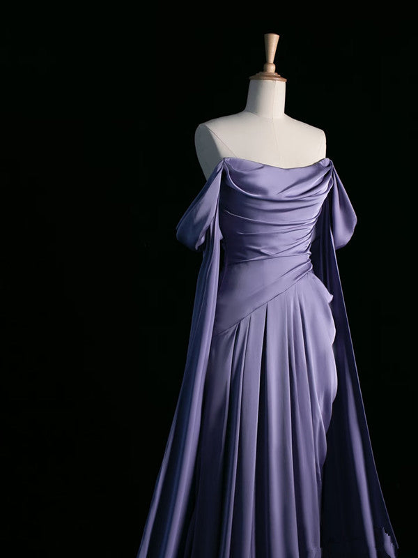 Vintage A Line Off The Shoulder Satin Prom Dresses Long Evening Gown Formal Party Dress