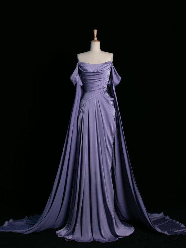 Vintage A Line Off The Shoulder Light Grape Satin Prom Dresses Long Evening Gown Formal Party Dress