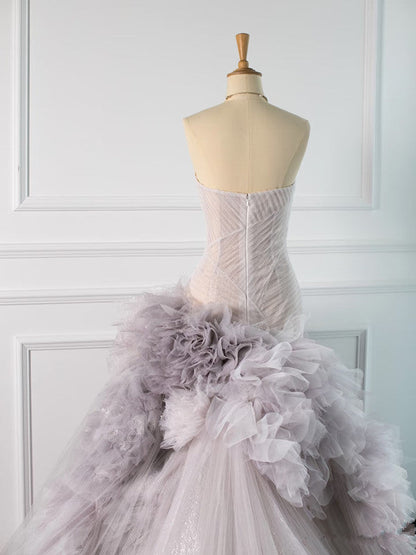 Pretty Mermaid Strapless Lilac Tulle Long Prom Dresses Party Gown Evening Dress C3771