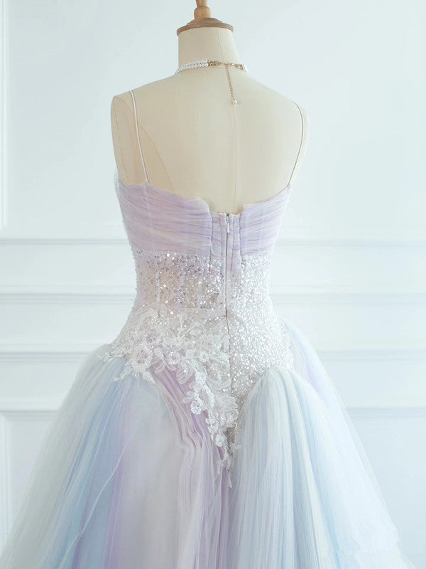 Pretty Ball Gown Spaghetti Straps Tulle Long Prom Dresses Party Gown Evening Dress C3773