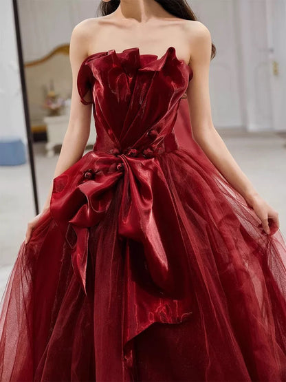 Sexy Ball Gown Strapless Burgundy Tulle Long Evening Gowns Prom Dresses