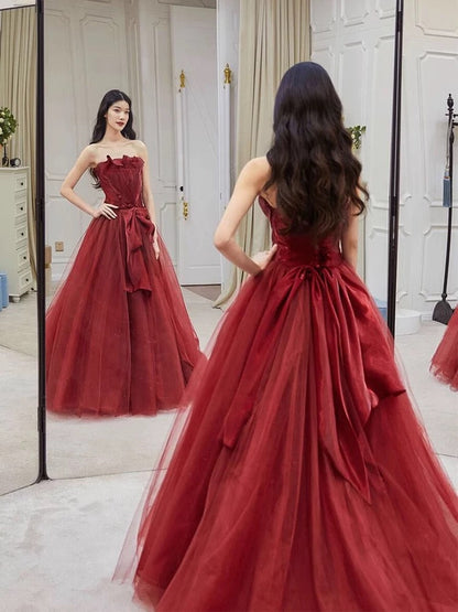 Sexy Ball Gown Strapless Burgundy Tulle Long Evening Gowns Prom Dresses