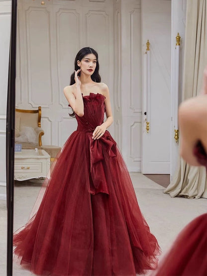 Sexy Ball Gown Strapless Burgundy Tulle Long Evening Gowns Prom Dresses