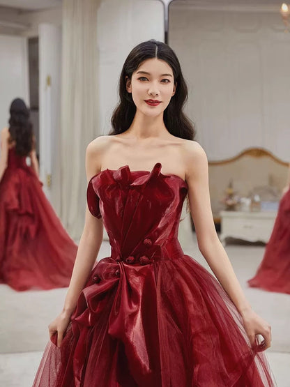 Sexy Ball Gown Strapless Burgundy Tulle Long Evening Gowns Prom Dresses