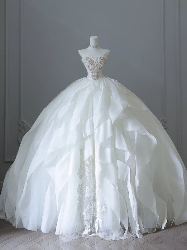 Unique Ball Gown Strapless Tulle White Long Wedding Dresses Brides Dress