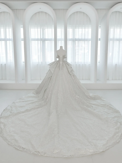 Timeless Ball Gown Off The Shoulder Satin Sequin Beaded Train Long Wedding Dresses C3834