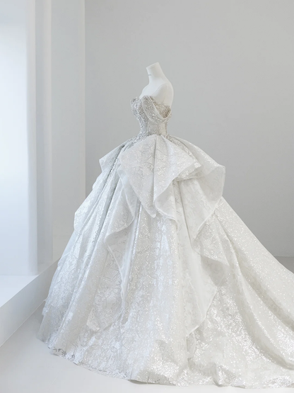 Timeless Ball Gown Off The Shoulder Satin Sequin Beaded Train Long Wedding Dresses C3834