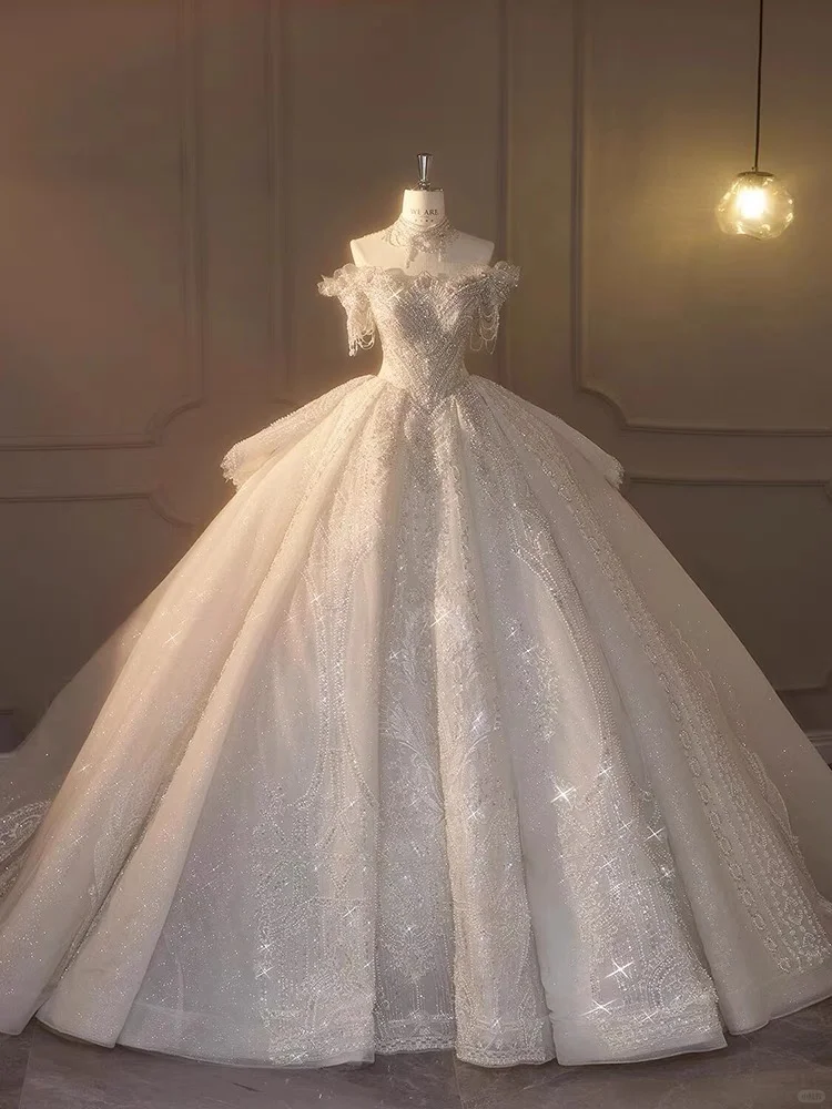 Timeless Ball Gown Off The Shoulder Tulle Sequin Beaded Long Wedding Dresses C3838