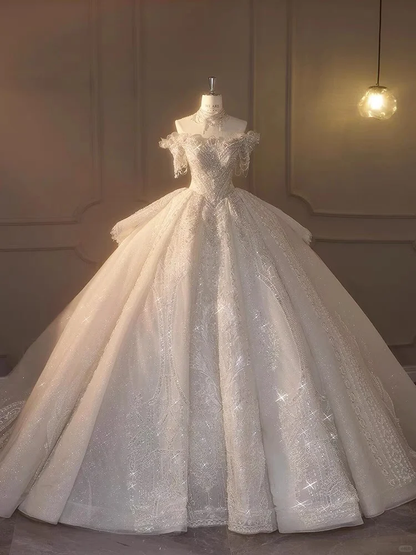 Timeless Ball Gown Off The Shoulder Tulle Sequin Beaded Long Wedding Dresses C3838