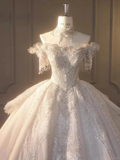 Timeless Ball Gown Off The Shoulder Tulle Sequin Beaded Long Wedding Dresses C3838