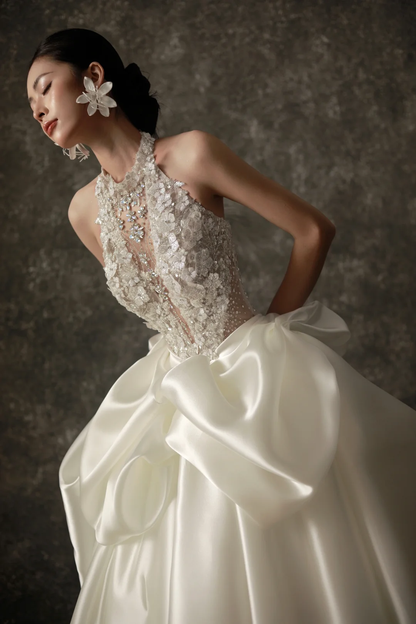 Unique Ball Gown Halter Ivory Satin Applique Long Wedding Dresses C3840