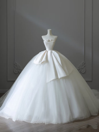 Unique Ball Gown Strapless Satin White Long Wedding Dresses Brides Dress