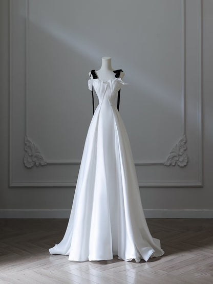 Sexy A Line Straps White Satin Long Prom Dresses Evening Gowns