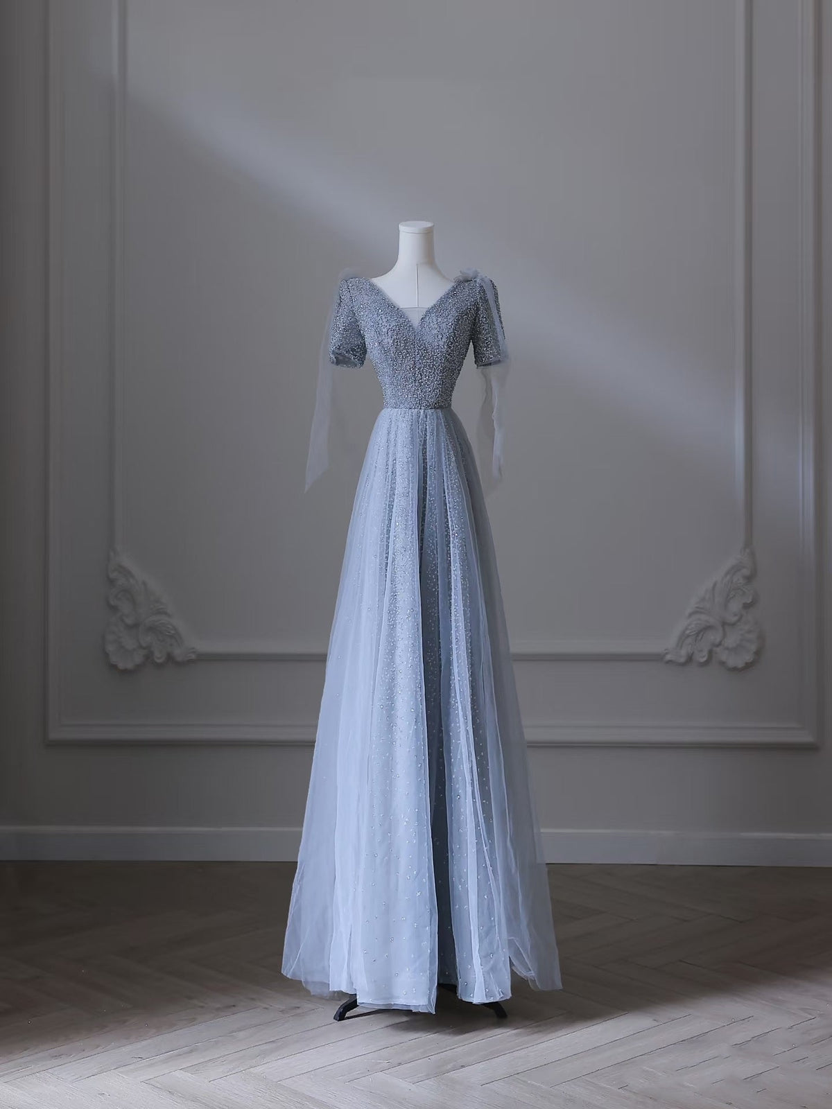 Sexy A line V Neckline Blue Sequin Long Prom Dresses Evening Gowns