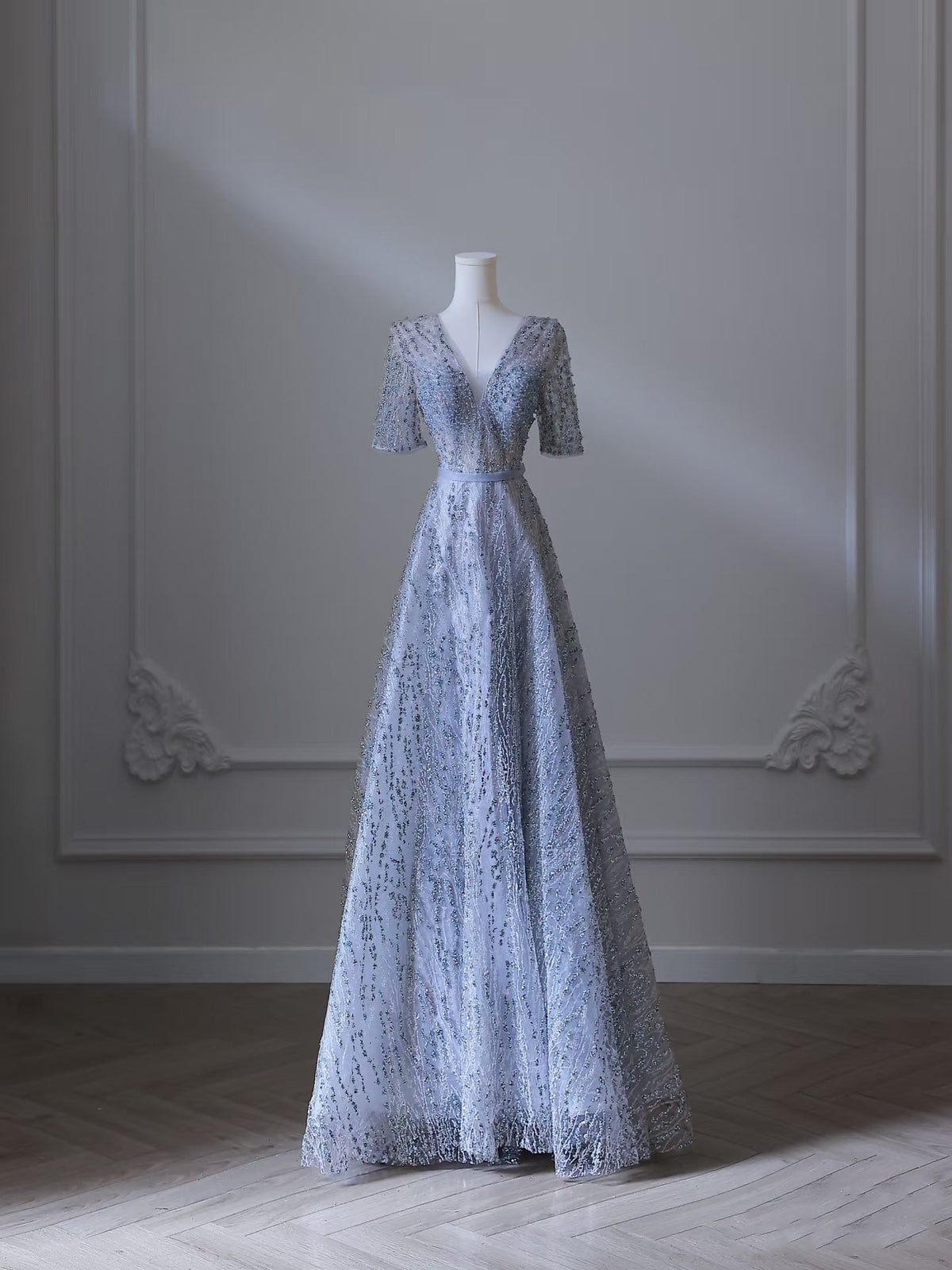Pretty A line V Neckline Blue Sequin Long Prom Dresses Evening Gowns