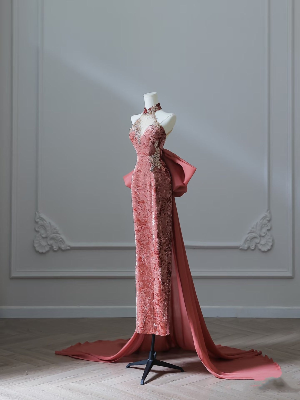 Sexy Mermaid High Neckline Velvet Long Prom Dresses Evening Gowns
