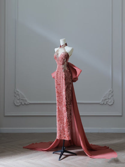 Sexy Mermaid High Neckline Velvet Long Prom Dresses Evening Gowns