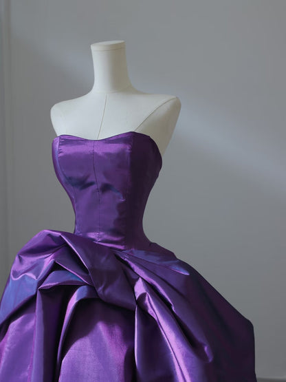 Pretty Ball Gown Strapless Grape Satin Long Prom Dresses Evening Gowns