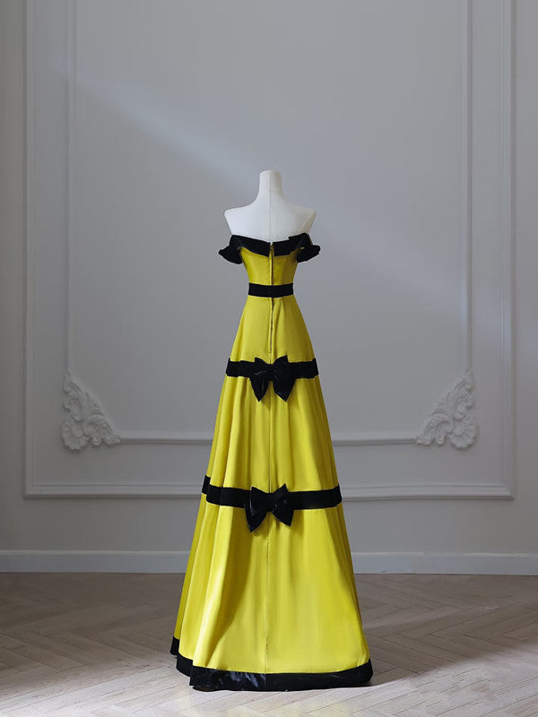 Sexy A Line Strapless Satin Yellow Long Prom Dresses Evening Gowns