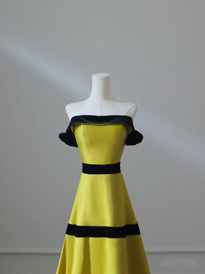 Sexy A Line Strapless Satin Yellow Long Prom Dresses Evening Gowns