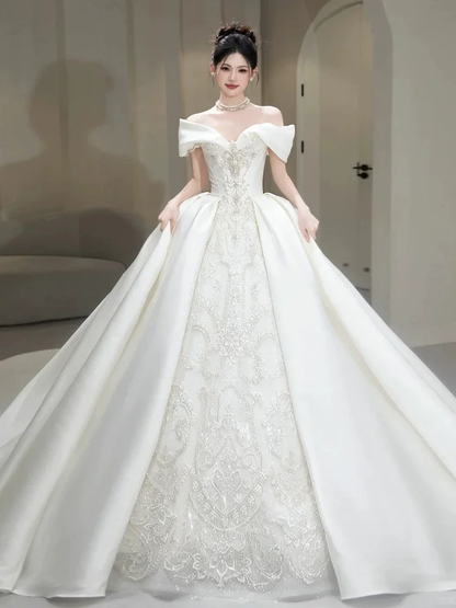 Timeless Ball Gown Off The Shoulder Satin Lace Long Wedding Dresses C3870