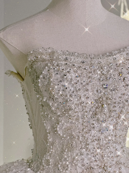 Timeless Ball Gown Strapless Tulle Lace Beaded Long Wedding Dresses C3984