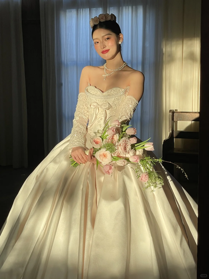 Vintage Ball Gown Strapless Satin Beaded With Sleeves Long Wedding Dresses C3996