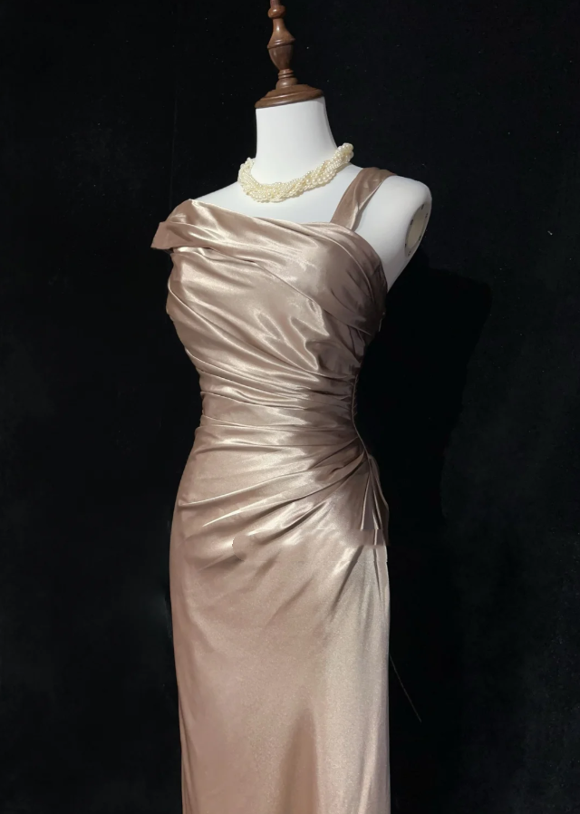 Vintage Champagne Satin Pleated Mermaid Long Birthday Prom Dress Evening Gown SP1962