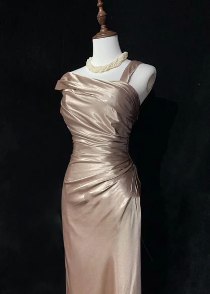 Vintage Champagne Satin Pleated Mermaid Long Birthday Prom Dress Evening Gown SP1962