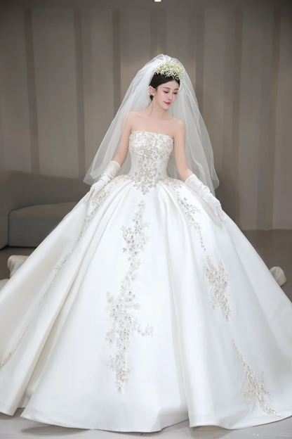Timeless Ball Gown Strapless Satin Beaded With Gloves and Veil Long Wedding Dresses C4004