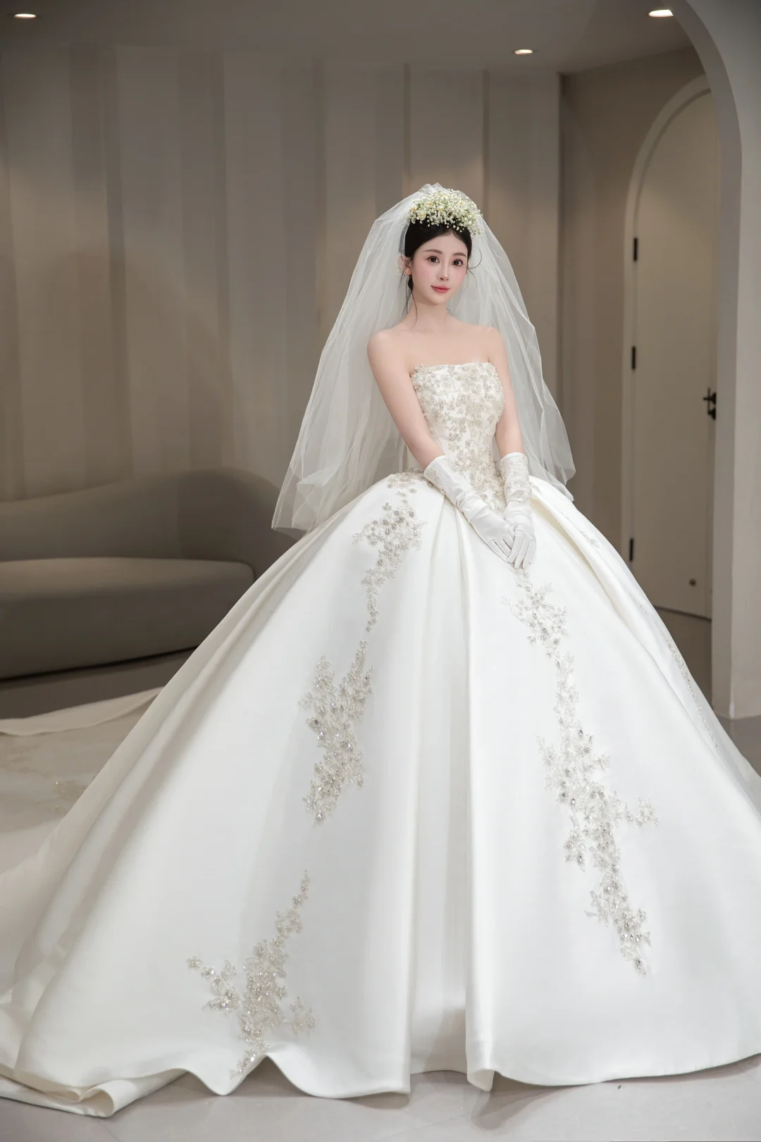 Timeless Ball Gown Strapless Satin Beaded With Gloves and Veil Long Wedding Dresses C4004