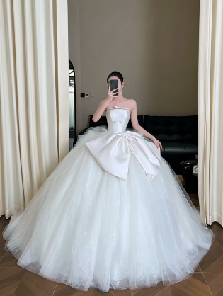 Unique Ball Gown Strqpless Satin Tulle  Long Wedding Dresses C4019