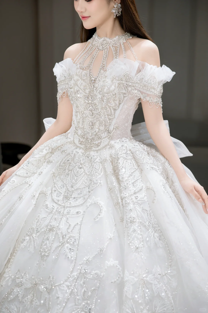 Timeless Ball Gown Off The Shoulder Tulle Sequin Beaded Long Wedding Dresses C4031