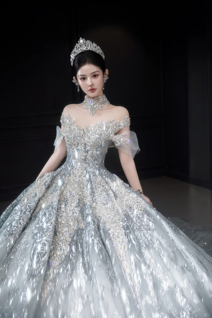 Timeless Ball Gown Off The Shoulder Tulle Sequin Long Wedding Dresses C4038