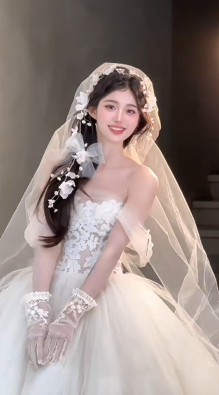 Sweet Ball Gown Off The Shoulder Tulle Applique With Veil Gloves Long Wedding Dresses C4039